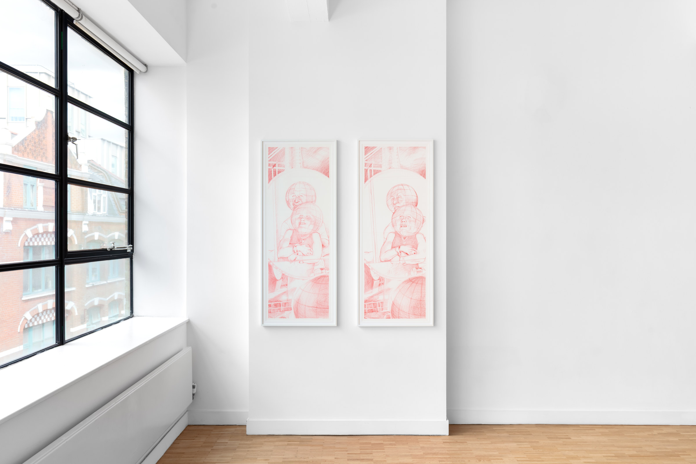Dipitych Duet 2, 2026. Colored pencil on paper (2 parts). 122 × 45.7 cm each, overall 122 × 95 cm